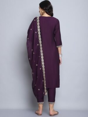 Women Purple Embroidery silk Kurta And Pant Set With Dupatta