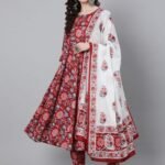 Women Viscose Floral Printed Red Kurta And Pant Set With Dupatta