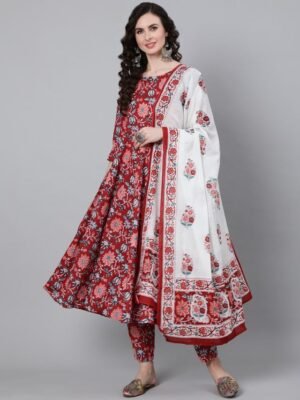 Women Viscose Floral Printed Red Kurta And Pant Set With Dupatta