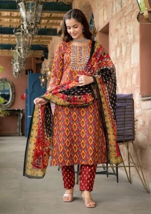 Women Red Embroidery Viscose Rayon Kurta, Pant And Dupatta Set