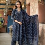 Women Navy Blue Embroidery Viscose Rayon Kurta, Pant And Dupatta Set