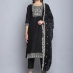 Women Embroidery Straight Black Kurta And Pant set with Dupatta