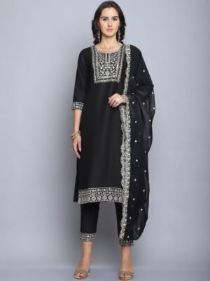 Women Embroidery Straight Black Kurta And Pant set with Dupatta