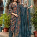 Women Blue Embroidery Viscose Rayon Kurta, Pant And Dupatta Set