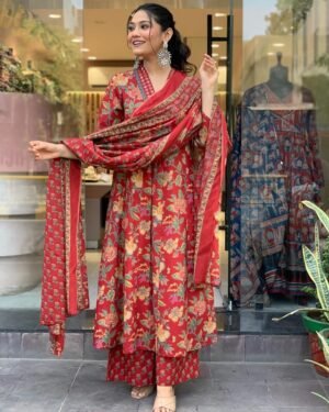 Women Viscose Red Anarkali Kurta And Pant Set With Dupatta