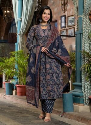 Women Blue Embroidery Viscose Rayon Kurta, Pant And Dupatta Set