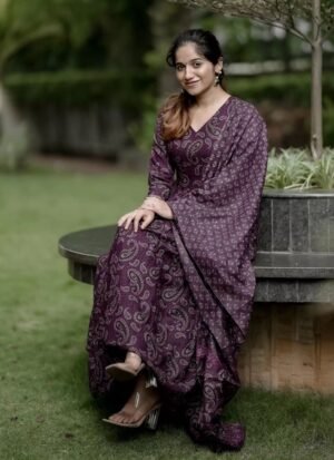 Women Viscose Maroon Anarkali Kurta And Pant Set With Dupatta